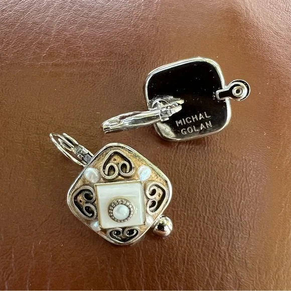 Vintage Michal Logan Earrings & Brooch/Pendant Pearl Lucite Cabochon Silver - Picture 4 of 14